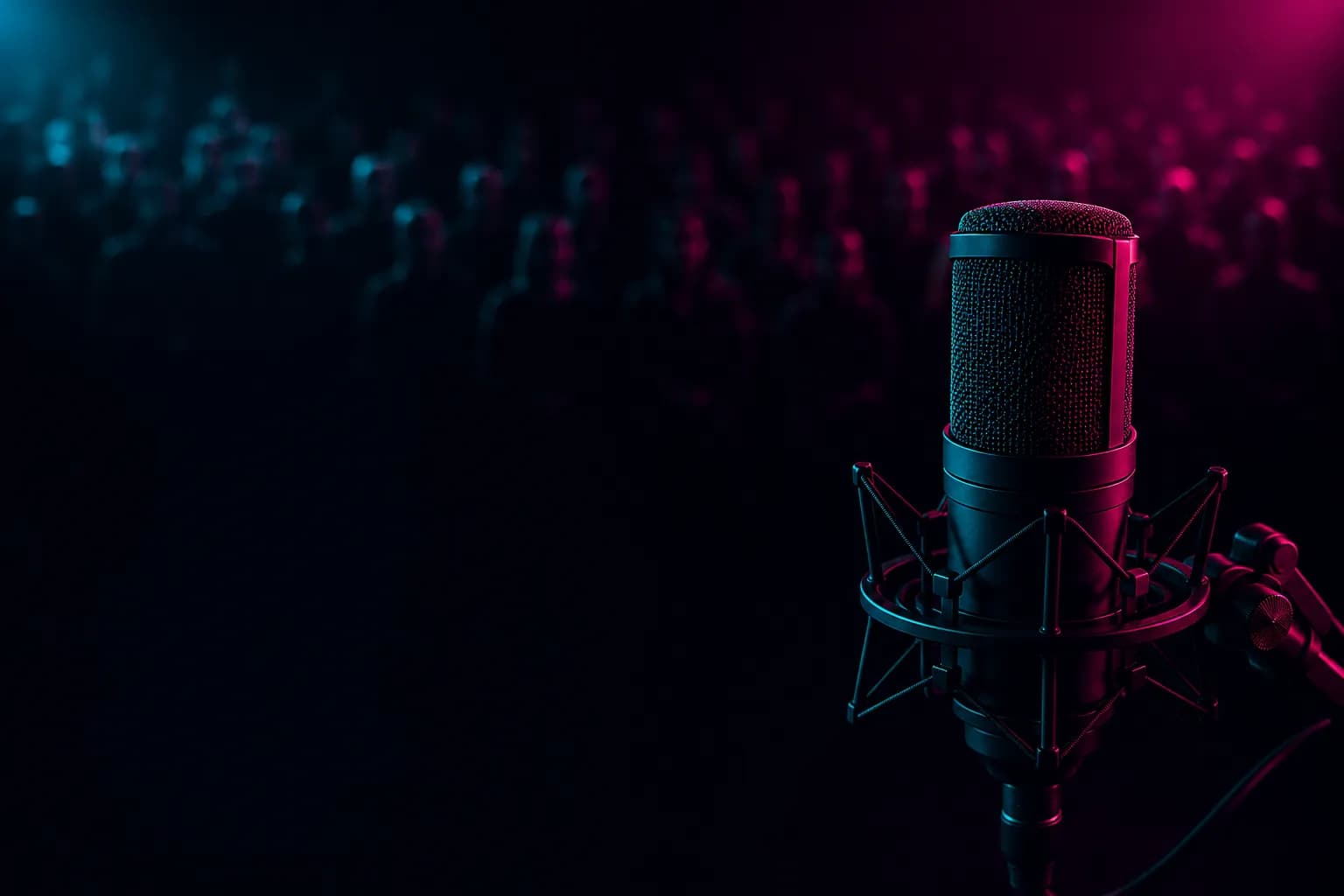 A mic on stage in front of the public audience